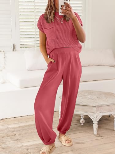 Image of ANRABESS Women's Two Piece Outfits Sweater Sets Knit Pullover Tops and High Waisted Pants Tracksuit Lounge Sets