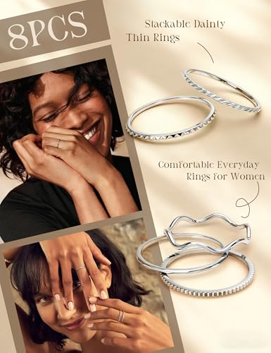 THUNARAZ 8Pcs 1mm Stainless Steel Rings for Women Men Fashion Plain Band Knuckle Stacking Midi Thumb Dainty Thin Rings Set Size 5-10 Silver Gold Tone - Image 2