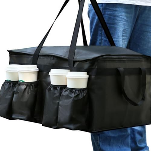 Tlence 2 Pack Insulated Food Delivery Bag with 4 Cup Holder, 22x13x15 Inch Warmer Carrying Case, Cooler Drink Carriers with Zippered Top, Outdoors Thermal Pizza Catering Bags for Grocery, Beverages