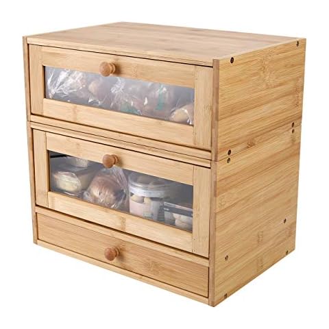 TQVAI Natural Bamboo 2 Tier Bread Storage Box with Clear Window Cutlery Tray Drawer Separable Bread Bin - Original Cover