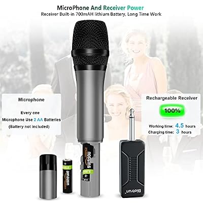 Bietrun UHF Wireless Microphone with 1/4'' Plug Rechargeable Receiver, 160 Feet, Professional Metal Dual Handheld Cordless Dynamic Mic System for Karaoke, Wedding, Singing, DJ, Party, Speech, Church