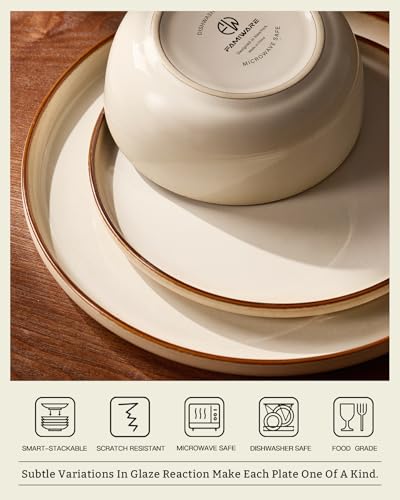 Image of Famiware Milkyway Stoneware Dinnerware Set, 18-Piece, Double Reactive Glaze, Plates and Bowls, Service for 6, Microwave and Dishwasher Safe, Scratch-Resistant, Light khaki