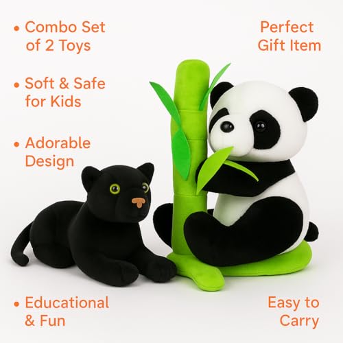 Image of Animal Plush Toy Combo ? 25cm Black Panther & 30cm Panda with Bamboo | Soft Stuffed Animal Toy Set for Kids | Jungle Theme Birthday Gift for Boys & Girls