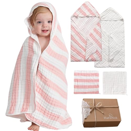 Image of HardNok Muslin Hooded Baby Towel 4 Pack, 100% Organic Premium Cotton, (2) 6-Layer 32x32 Bath Towels & (2) Washcloths, Soft Newborn & Infant Gift Set (Pink Stripe & White)