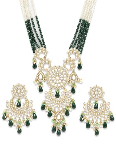 Image of Karatcart Gold Plated Green Crystal and Pearl Studded Kundan Rani-Haar Necklace Set for Women