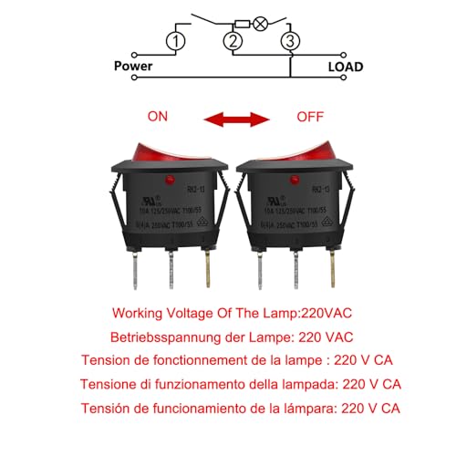 Image of Heschen -Round Rocker Switches, 3 Terminals, Red Light 10A, 250VAC, Pack of 5