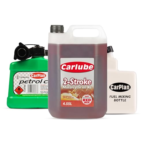 Carlube 2-Stroke Mineral Motorcycle Engine Oil 4.55L, CarPlan 5L Fuel Can, Unleaded Petrol (Green) + CarPlan 2-Stroke Fuel Mixing Bottle 1L