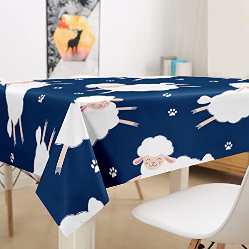 Manfei Cute Sheep Tablecloths Kawaii White Sheep Table Cover For Kids Boys Girls Cartoon Animal Theme Table Cloth Polyester Blue Table Accessories For Dining Kitchen Home Decor, Square 55"X55" #TOP2