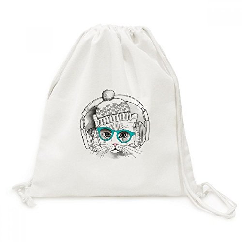 Drawstring Backpack voyage sac en toile imprimé chat blanc et casque