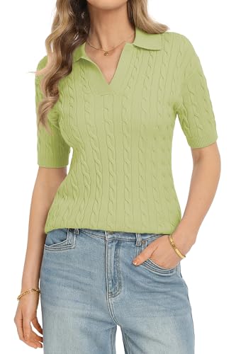 Image of QUALFORT Cable Knit Women's Short Sleeve Sweater Soft V Neck Polo Tops