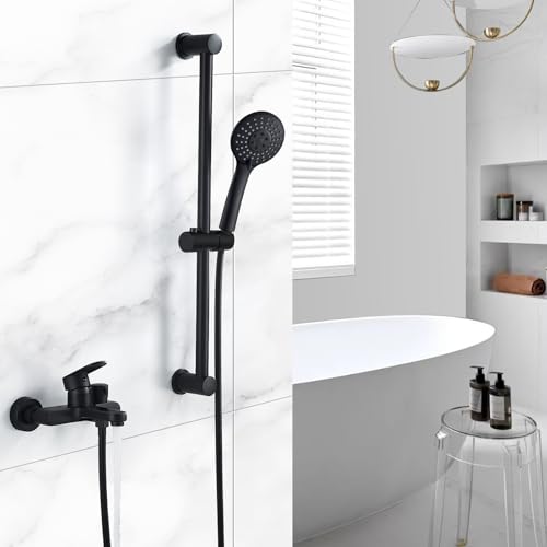 Badewannenarmatur Schwarz Wannenarmatur mit Handbrause Brause Mischbatterie Badewanne Wasserhahn und Brausestange Brauseschlauch, Armatur Badewanne Duschsystem Duscharmatur Set
