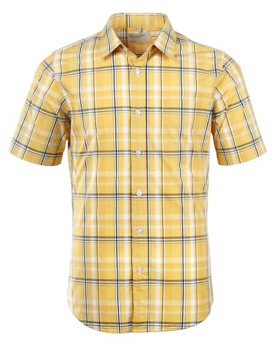 Mens Casual Regular Fit Short Sleeve Plaid Checked Shirts Yellow