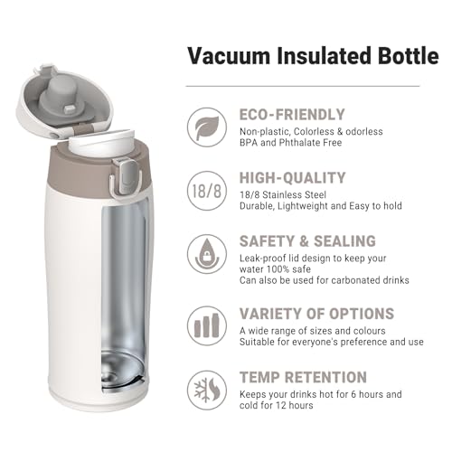 AORIN 18/8 Stainless Steel Water Bottle with 2 Lids, 350ml, Vacuum Insulated Metal Bottle, Leakproof Drinks Bottle, BPA Free, Hot & Cold Compatible, Portable Flask for Gym, Sport, Daily - Image 2