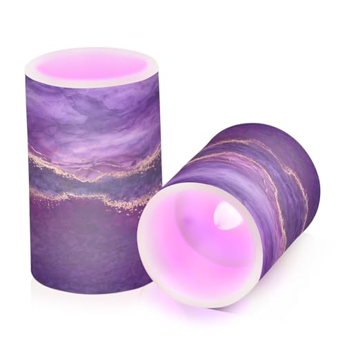 Image of Flickering Flameless Candles, Purple Marble with Golden Veins LED Candles with Remote Timer, Set of 2 Battery Operated Candle for Valentine Wedding Birthday