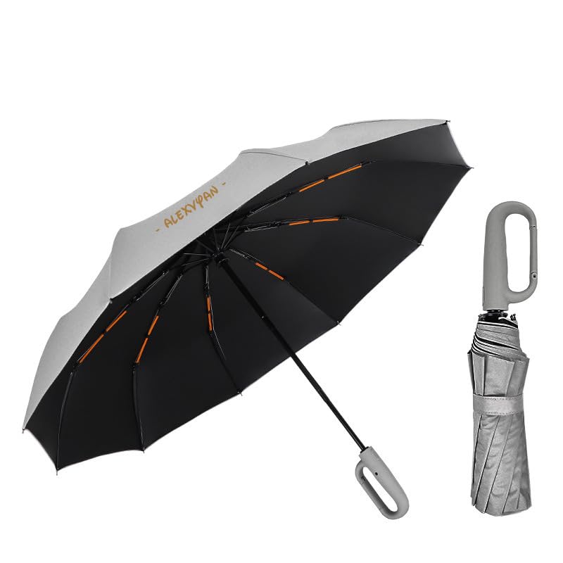 Grey Ring Buckle 10 Ribs Rain, Sun & UV Protection Large Travel Auto Open/Close Umbrella Windproof , Strong Compact Umbrella for Men & Women, Wind Resistant, Automatic Folding Hanging Umbrellas-image-40