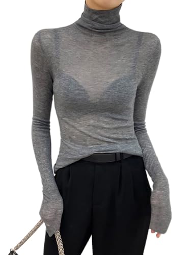 Minetom Donna Maglie Collo Alto Manica Lunga Maglietta in Rete Trasparente Tops Slim Fit T Shirt in Tulle Girocollo Intimo Tops Clubwear A Grigio S