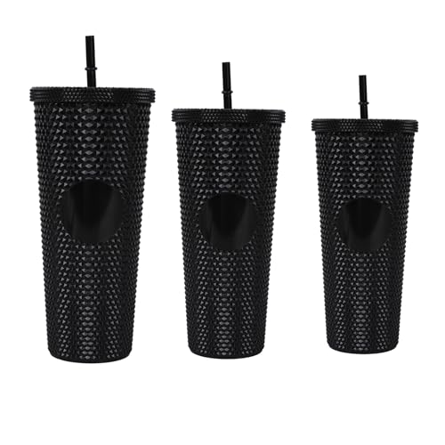 3Pcs Studded Tumbler with Lids and Straws Acrylic Cups Set Reusable Recyclable Ice Coffee Cups Tumblers Colourful Insulated Travel Mugs Large Capacity Drinking Water Bottles 1100ml 700ml 450ml (Black)