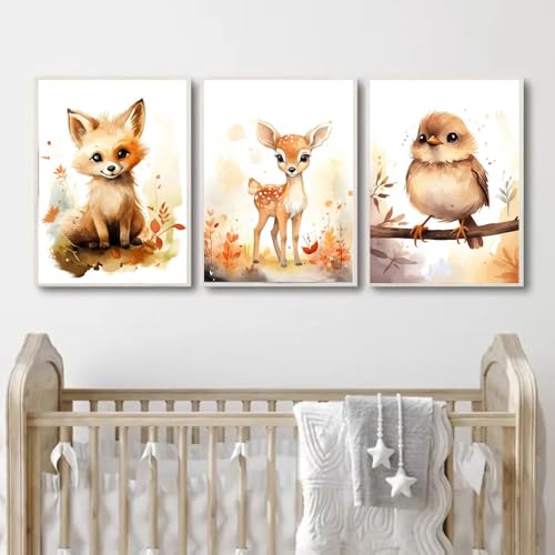 3 Affiche Animaux Jungle Enfant 30x40cm Poster Safari Chambre Bébé Garcon Cerf Renard Oiseau Tableau Savane Bebe Toile Foret Enfant Affiche Decoration Murale...