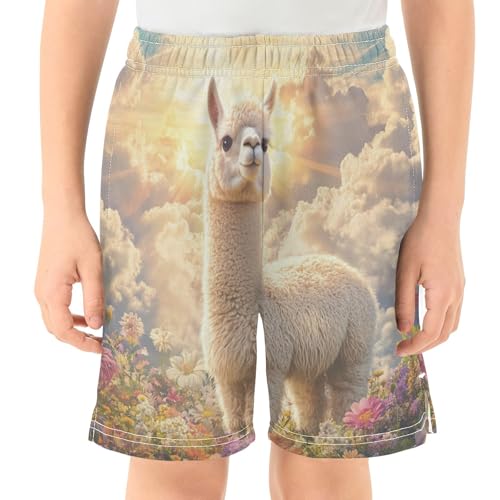 DOMIKING Alpaca Flowers Yellow Kids Shorts Pull-on Boys Shorts with Elastic Waist Casual Athletic Pants for Outdoor Playwear2