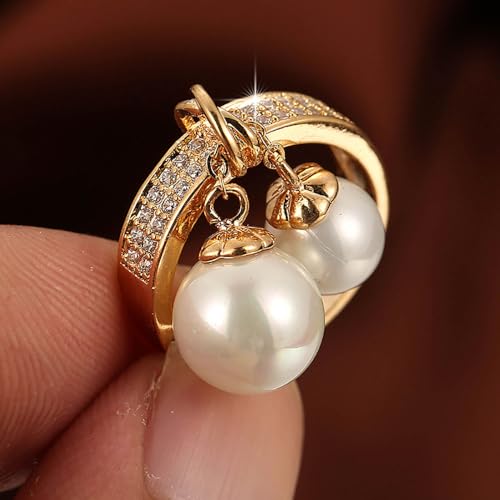 Kokoma Double Pearls Dangle Statement Ring for Women Girls Cubic Zirconia Stacking Engagement Promise Rings Wedding Band3