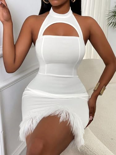 SISKIN Womens Summer Dresses, Sexy Cocktail Prom Club Dresses, Halter Bodycon Cut Out Mini Sleeveless Feather Dress4
