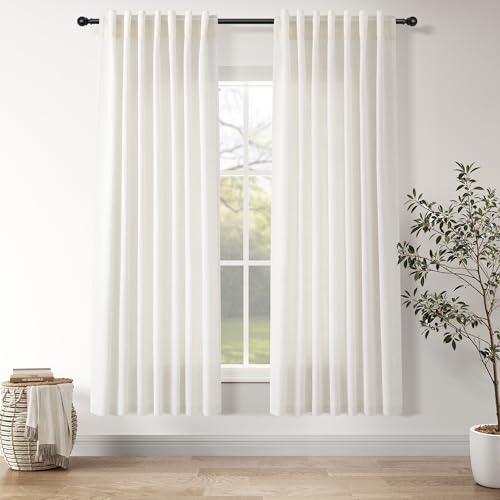 Ivory White Semi Sheer Linen Curtains 72 inch Length for Living Room Back Tab Rod Pocket Modern Farmhouse Coastal Decor Ivory White Cotton Textured Gauze Curtain 72 inches for Dining Room Office