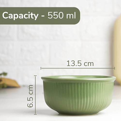 Image of The Earth Store Ceramic Bowl Set of 2 with Lid (550ML Each) Green Fringe Design | Microwave Safe Bowl Set | Multipurpose Snack Bowl for Serving, Storage, Office & Home