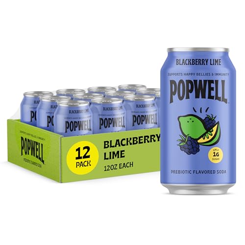 Image of Popwell Blackberry Lime Better-For-You Prebiotic Soda, with 6g Fiber, 1g Sugar, Vitamins and Immunity Support, 12 fl oz Cans (pack of 12)