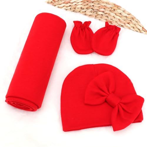 Image of BQUBO Newborn Receiving Blankets Cotton Warm Sleepsack with Mittens & Bow Hats Hospital Baby Swaddling Shower Gift