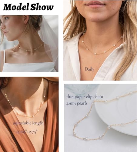 Tosgmy Pearl Necklaces For Women 14K Gold Plated White Pearl Choker Necklace Dainty Small Tiny Beaded Pearl Strand Chain Necklace Delicate Single Wedding Prom Bridal Jewelry Gift thumb #3