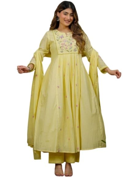 Women's 3-Piece Anarkali suit set Cotton Silk Blend Floral Embroi...