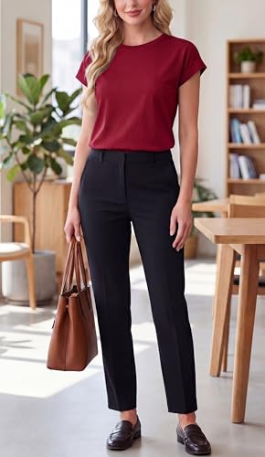 GRECERELLE Womens Summer Tops Cap Sleeve Crew Neck Basic T-Shirt Wine Red — view 6