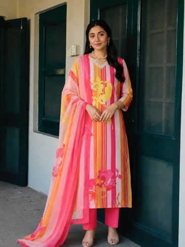 Image of ANNI Designer Cotton Blend Printed Straight Kurta with Pant and Dupatta for Women | Cotton Blend Pink | 3 /4 Sleeve | V-Neck | Ethnic Wear Casual Wear