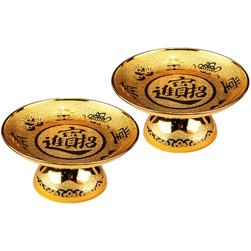 Abaodam 2pcs Golden Buddhist Fruit Tray Offering Bowl, Plastic Bowl with Floral Pattern, 17.5x17.5CM, For Altar Use, Rituals, Decor