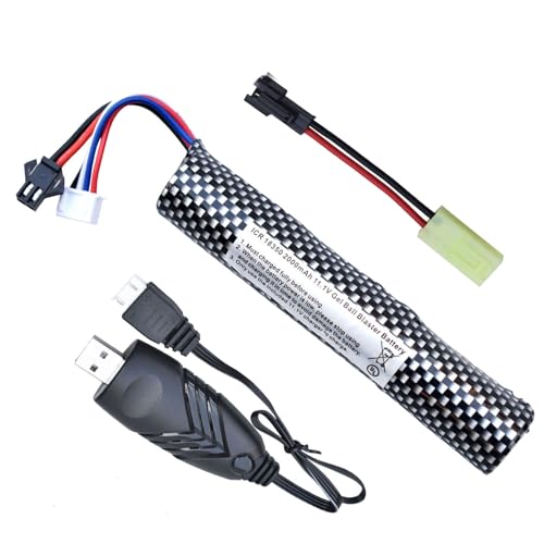 PTIJPOW Airsoft Gel Blaster Battery 11.1V Gel Blaster Battery 2000mah with Charger and SM-2P Plug to Mini Tamiya Connector Conversion Cable for Water Bead Splatter Ball (1 Pack)