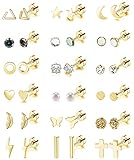18 Pairs Stainless Steel Stud Earrings Set for Women Men Star Moon flower Heart Leaf Opal 20G Cartilage Earrings Hypoallergenic Flatback Earrings Piercing Jewelry