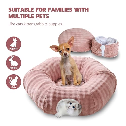 Image of Bubble Cat Tunnel for Indoor Cats, Round Peekaboo Cave Toy with Dangling Balls, Donut Tunnel Bed with Circle Mat for Puppy Kitten Rabbit, Dusty Pink