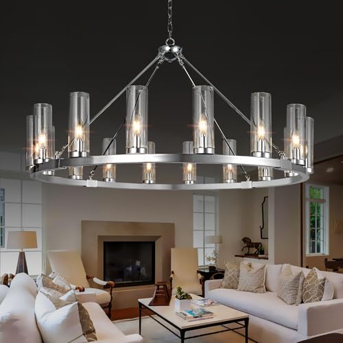 Image of 16 Light Large Wagon Wheel Chandelier with Clear Glass Shade Chrome Round Pendant Light Farmhouse Industrial Chandeliers Dining Room Light Fixture for Stair Living Room Foyer Kitchen