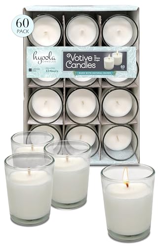 Image of Hyoola White Votive Candles in Glass - Pack of 60 Votive Candle - 12 Hour Burn Time - Unscented Votive Candles - European Made Glass Votives