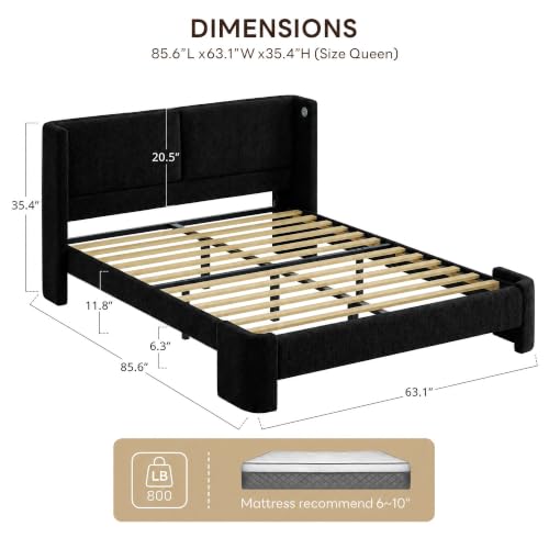 Image of LIKIMIO Queen Bed Frame with USB Ports & Wingback Headboard, Black | Boucle Upholstered Platform Bed, Sturdy Slat Frame, No Box Spring Needed, Fits Living Room and Apartment.