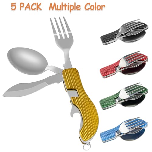 5-Pack-Camping-Utensils-4-In-1-ForkSpoonKnifeBottle-Opener-Portable-Camping-Flatware-Detachable-Stainless-Steel-Backpacking-Cutlery-for-Hiking-Survival-Camping-Travel