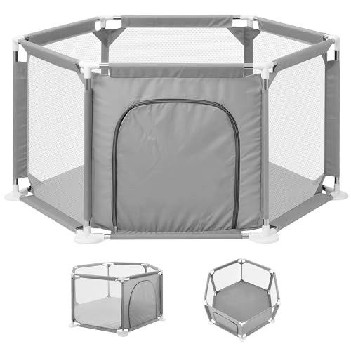 JUPPLIES Parque Infantil Bebe 127x127cm Hexagonal – Corralito Bebe con Malla Transpirable – Parque de Juegos Bebe con Puerta Lateral – Playpen Bebe sin Pelotas