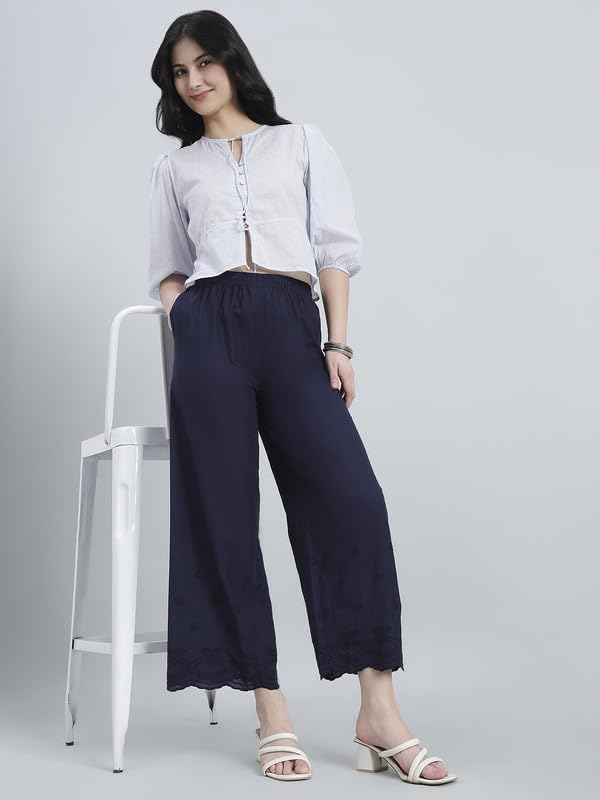 Image of GO COLORS Women Cotton Hakoba Wide Pant Ankle Length, Floral Embroidery, Relaxed Fit, Mid-Rise with Side Pocket