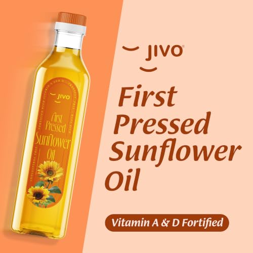 Image of Jivo First Pressed Sunflower Oil 1 Litre | MUFA-Rich Balanced with PUFA Omega-3 and 6 | Vitamin A and D Fortified Oil| Cholesterol and Trans Fat Free Oil | Ideal for Deep Frying, Roasting and Sauteing