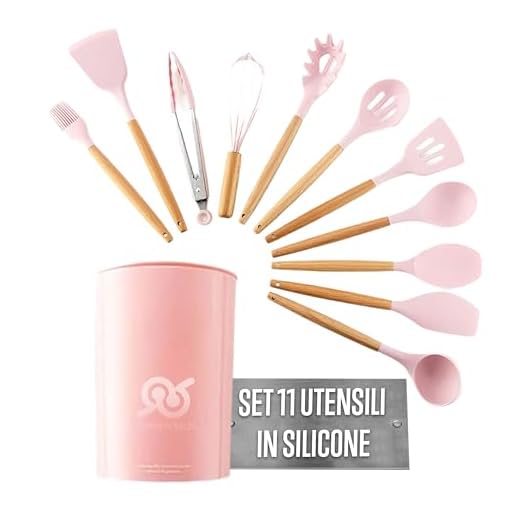TEMPO DI SALDI Juego de 11 utensilios de cocina de silicona resistentes al calor con mango de madera