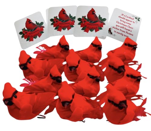 Westmon Works Cardinal Clip On Bulk Pack Bundle Realistic Felt Clip Birds with Feathers and Clips Special Set with Christmas Legend Cards, 12 Pack