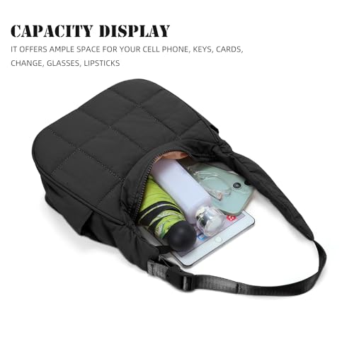 Image of Small Puffer Crescent Underarm Shoulder Bag for Women, Nylon Quilted Purses Handbags with Adjustable Strap, Black