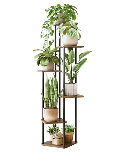 GENTINGBRO Corner Plant Stand Indoor 6 Tiered Tall Plant Stand Plant Shelf for Multiple Plants Coner Shelf Wood Plant Stands Metal Shelving for Living Room Bedroom Balcony Patio Brown Oak