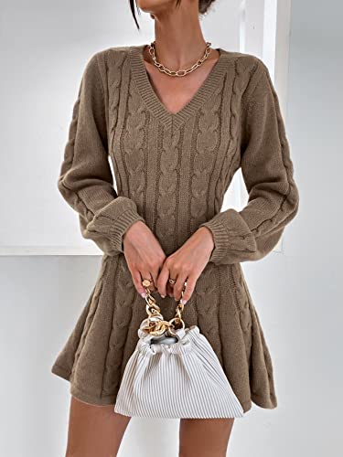 Sweatyrocks Women's Cable Knit Short V Neck Sweater Dress Soild Long Bishop Sleeve Flared Dresses Mocha Brown M #TOP2