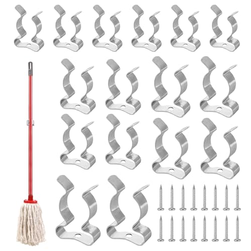 Image of KRENIE Spring Terry Clips for Hanging Tools – 16 Pcs Wall Mounted Tool Holder Clips 13/16/ 19/ 25mm – Metal Storage Grip Tidies for Brooms Rakes and Hand Tools – Space Saving Storage for Workshops
